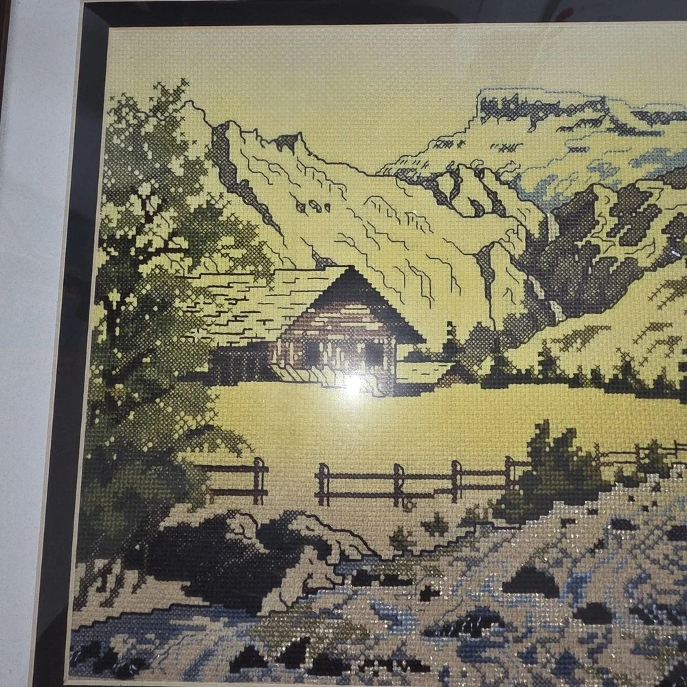 Vintage Handmade Mountain Cabin Landscape Cross Stitch Tapestry‎ Framed 14x16
